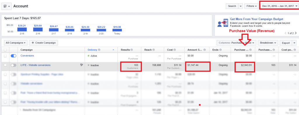 Facebook conversions data