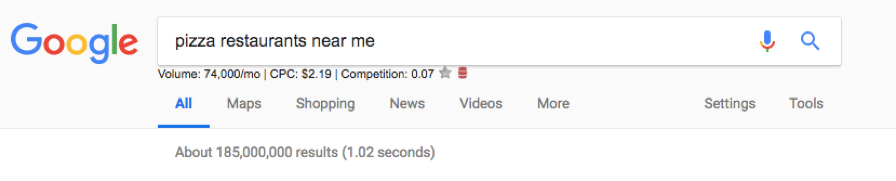 google search for pizza